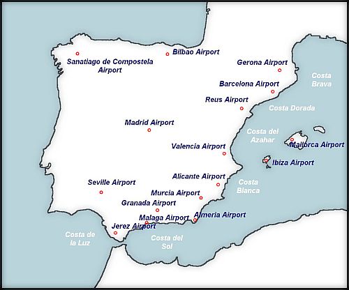 This map shows the location of the major international airports of Spain.